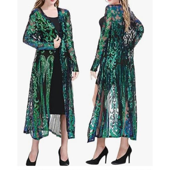 Sequin Sparkle Open Front Duster Cardigan Coat, Gothic Party XL Green Semi Sheer - Picture 1 of 10